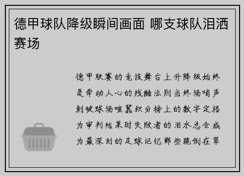 德甲球队降级瞬间画面 哪支球队泪洒赛场