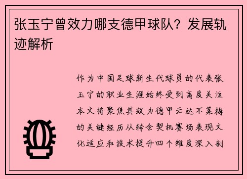 张玉宁曾效力哪支德甲球队？发展轨迹解析